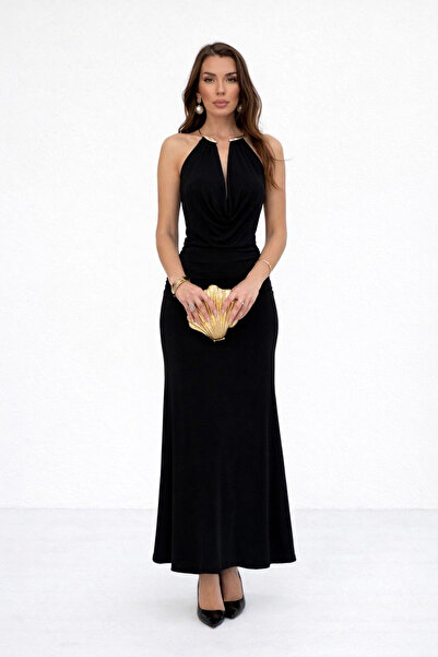 LACASE Women's Black Degaje Collar Long Dress