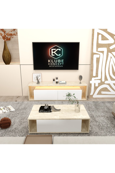 klubeconcept Modern Travertan Mermer Desenli TV Ünitesi Orta Sehpa Seti Beyaz...