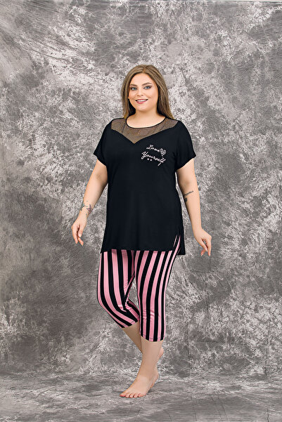 MOPİ Plus Size Viscose Comfortable Short Sleeve Capri Pajamas Set