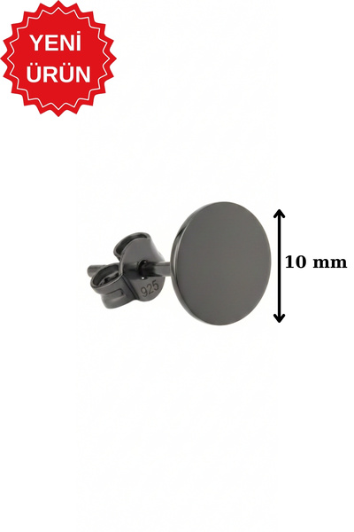 bymissmücevherat 925 Ayar Gümüş Siyah Rodajlı 10 mm Yuvarlak Plaka Erkek Küpe...