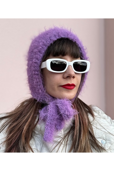 daldandala Lila rengi tüylü merino yün bone, el örgüsü bağcıklı balaclava