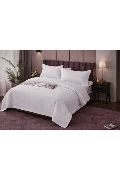 Casa Pucioasa Satin Damask Double Bed Linen Set, Stretchy Sheet, WHITE, 4 Pieces