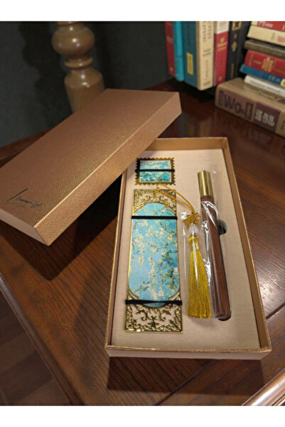 OEM Vintage set, 2 gold metallic bookmarks and ink pen, classic sign and pape...
