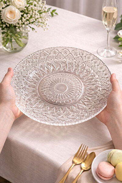 OEM BB-3000 glass platter – 29.5 cm, geometric embossed pattern, fruit / appe...