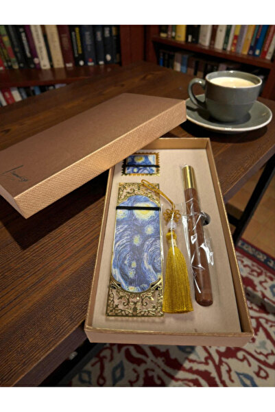 OEM Vintage set, 2 gold metallic bookmarks and ink pen, classic sign and pape...