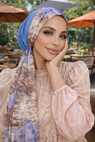 Aişe tesettür Μπλε Μπεζ Κασκόλ με Μοτίβο Μπατίκ