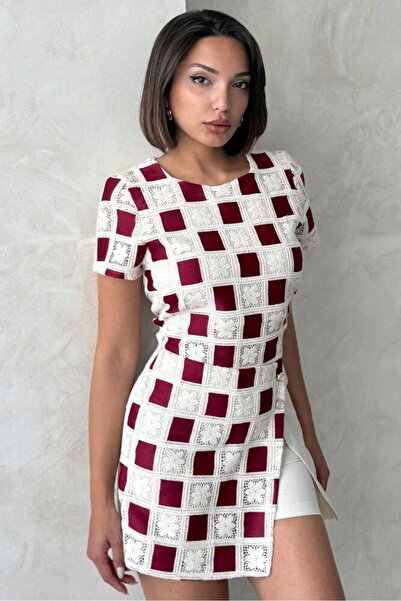 VERYMODA Κοντομάνικη Μπλούζα με Σχέδιο Σκακιέρας - Ακατέργαστο Μπορντό |   D2619