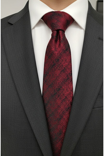 Gutiero Claret Red Patterned Classic Tie with Handkerchief
