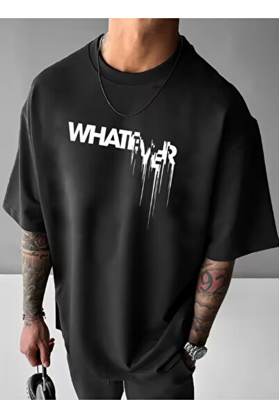 KVİNS Tricou negru oversize pentru bărbați, cu imprimeu „Whatever”, din bumba...