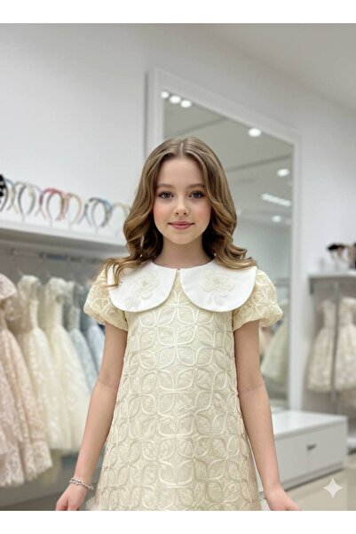 Banuta Soft lemon-colored lace dress for girls