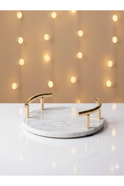 Adeem Round white marble/silver tray with a gold Strappy