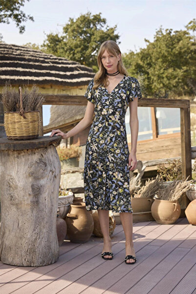 Beruflic 100% Viscose Floral and Leaf Patterned Buttoned Front Dress