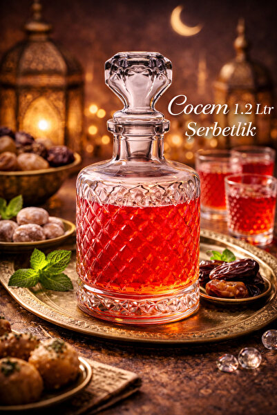 COCEM 1.2 Litre Kristal Kesme Karaf | Ramazan Şerbetlik Sunumluk Cam Sürahi