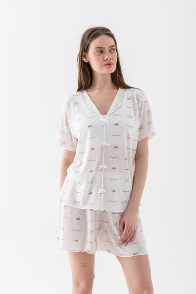 Wega Moda Women's Cotton Bowknot Detailed Shorts Pajama Set – Lightweight and Breathable Fabric