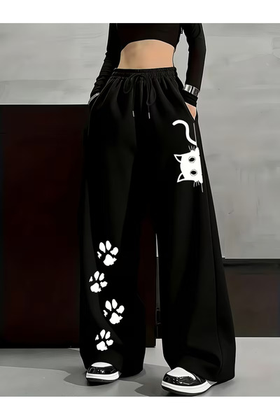 Nilvor Unisex Cute Cat Baggy Cut Wide Leg Sweatpants