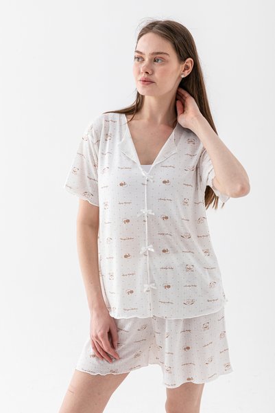 Wega Moda Women's Cotton Bowknot Detailed Shorts Pajama Set – Lightweight and Breathable Fabric