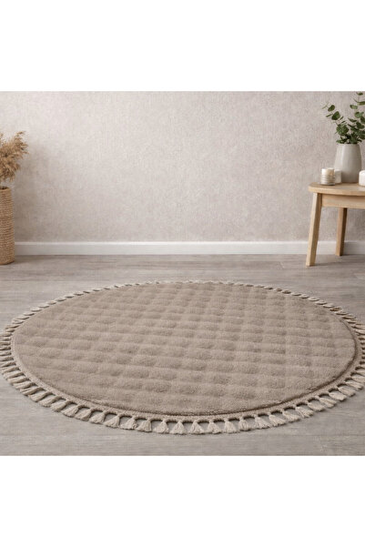Frt Export Bubble Yuvarlak Örgü Saçaklı Dekoratif Peluş Halı Yolluk Kilim VİZON