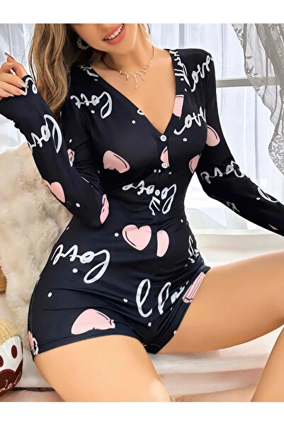 Beruflic Black Heart Patterned Love Written Buttoned Jumpsuit Pajamas