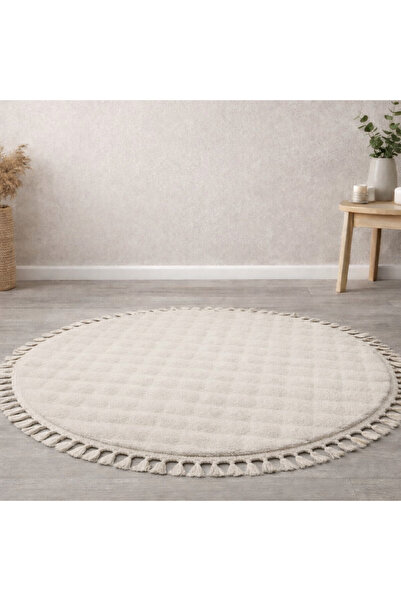 Frt Export Bubble Yuvarlak Örgü Saçaklı Dekoratif Peluş Halı Yolluk Kilim EKRU