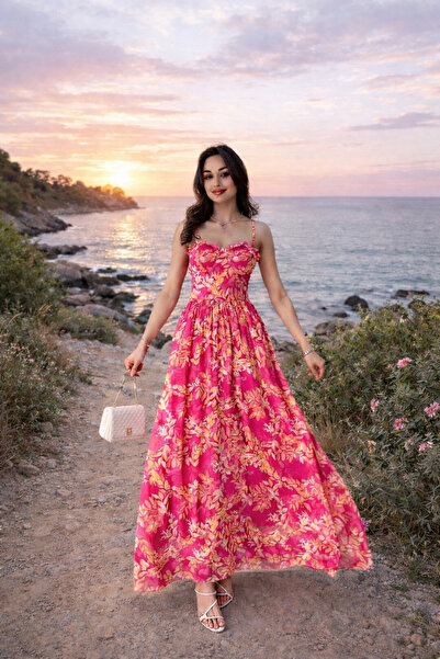 LİBAS Pembe Çiçek Desenli Askılı Uzun Elbise Yazlık Şık Maxi Elbise