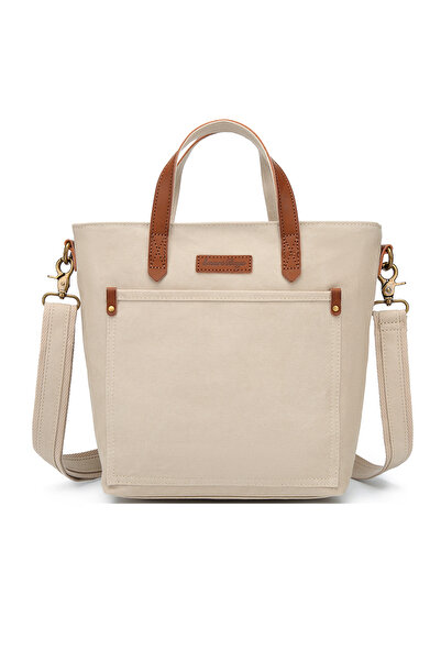 Hüvendo Smart Bags Beige Women's Shoulder Bag Canvas Fabric with Genuine Leat...