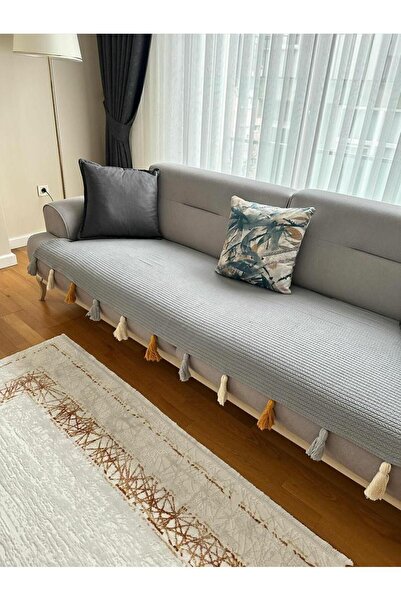 Saule Püsküllü Koltuk Örtüsü Gri Renk 1 Adet (90X210) Yanlizca Oturma Alanına...