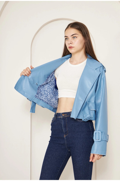 ZENGEZUR MALL Storozal Short Leather Jacket Blue (195621) (Size: 38)