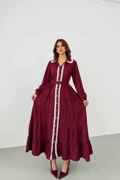 BEJNA Women's Lace Detailed Maxi Shirt Dress