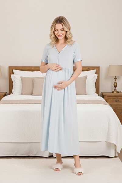 Lohusa Homewear New Season Blue Summer Full Length Buttoned Short Sleeve Spec...