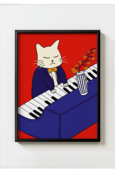 MIOVI WORKS Musician Cat | Çerçeveli Müzisyen Kedi Piyano İllüstrasyon Modern...