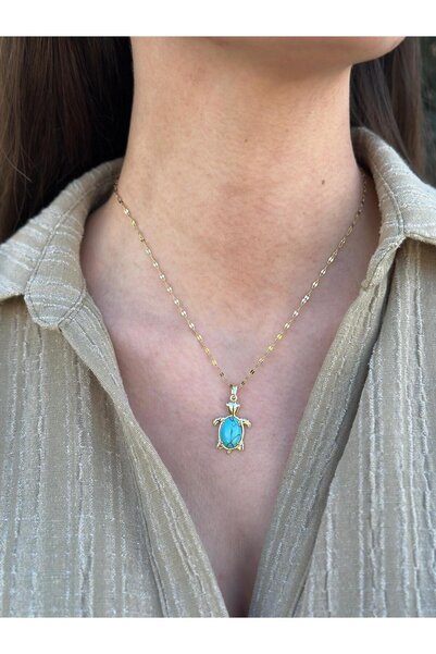 RA By Melisa Kaplumbağa Figür Mavi Turkuaz Taşı Çelik Kolye