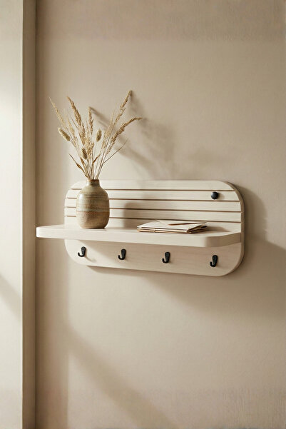 UMN DECOR Krem Modern Ahşap Anahtarlık, Raf Tablalı Dekoratif Anahtar Askısı ...
