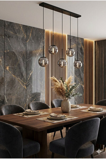 Empressco Dora 5'li Sıralı Avize | Pütürlü Siyah Kasa & Füme Cam | Modern Yem...