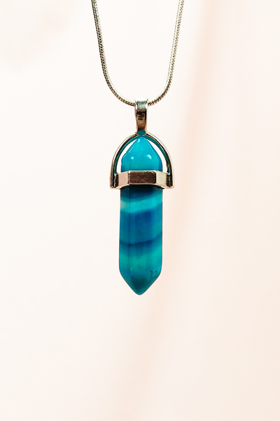 Royaleks Mavi Akik Doğal Taşı Zincirli El Yapımı Tasarımlı Kolye Uç: 3,5 cm Z...