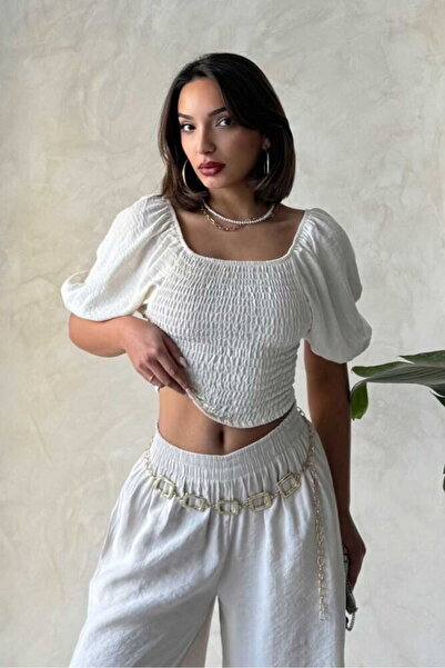 Caddebostan Moda Striped Gipeli Madon Collar Crop Blouse and Shorts Set