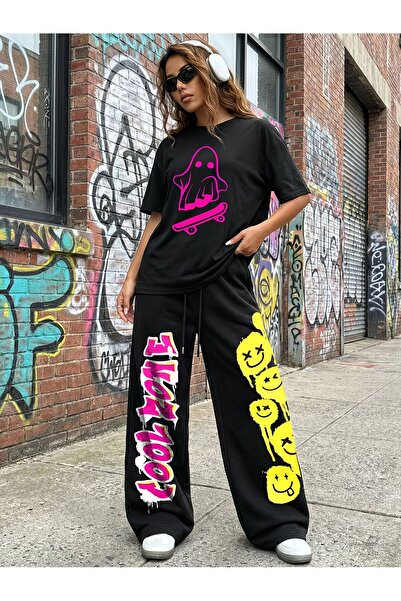 darkopia Unisex Cool Zone Printed Oversize Tshirt and Baggy Sweatpants - Summ...
