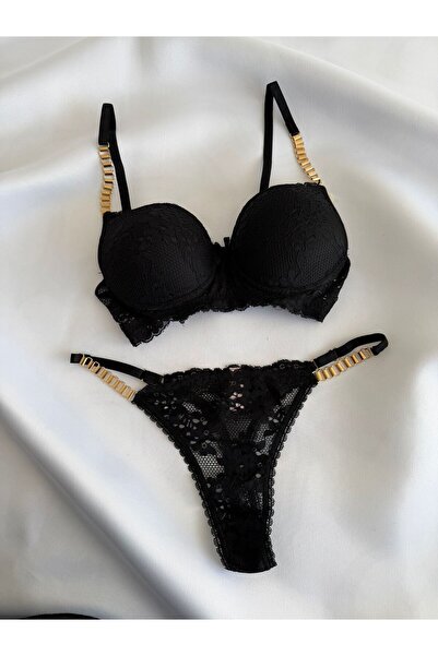 Pink Cadillac Destekli Zincir Detaylı Dantelli Sütyen Tanga İç Çamaşır Takımı