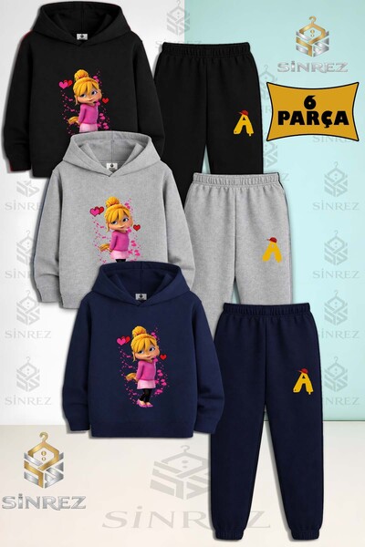 SİNREZ 3-Piece Children's Unisex Alvin Sincap Girls' Single Printed Hooded Tr...