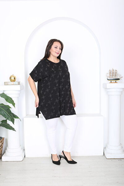 XL Modam Women's Black Lycra Viscose Stone-Embellished Plus Size Tunic