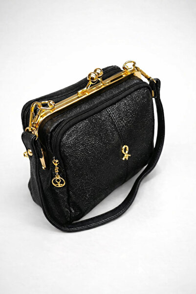 PENGORA Women's Clip-On 4-Compartment Soft Black Sequined Leather Hand, Shoul...