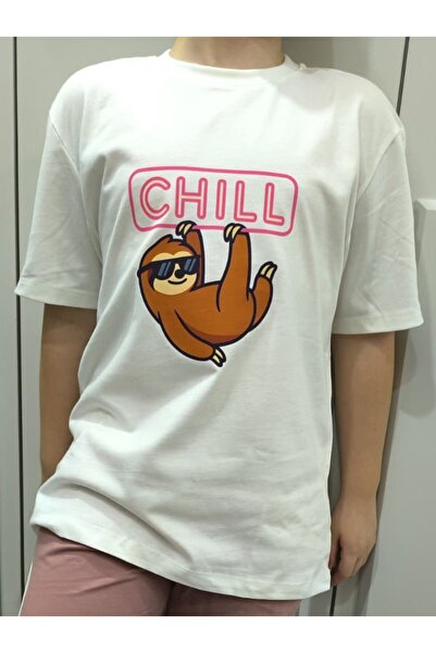 Pidal Giyim Chill Baskılı Tembel Hayvan Temalı Pamuklu Kısa Kollu Unisex Çocu...