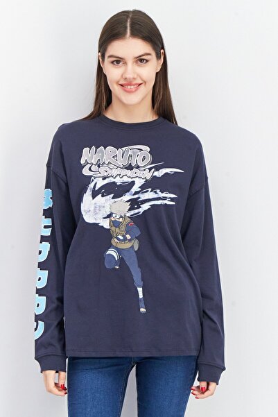 Don't Call Me Jennyfer Women Crew Neck Long Sleeve Graphic Top, Navy