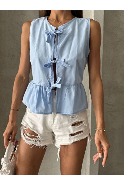 Caddebostan Moda Women's Front Three Bow Tie Sleeveless Peplum Blouse