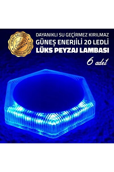 UpWay 6'lı Güneş Enerjili Mavi Peyzaj Lambası - 20 LED IP68 Su Geçirmez Kırılmaz Paslanmaz