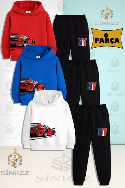 SİNREZ Set de trening cu glugă imprimat pentru copii, 3 piese, unisex, CAR RE...