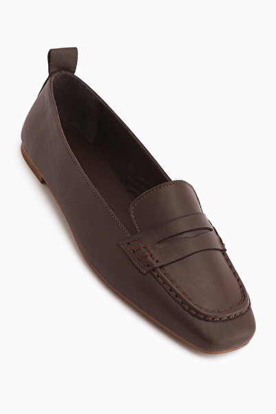 Limoya Novin Genuine Leather Brown Blunt Toe Women's Ballerinas