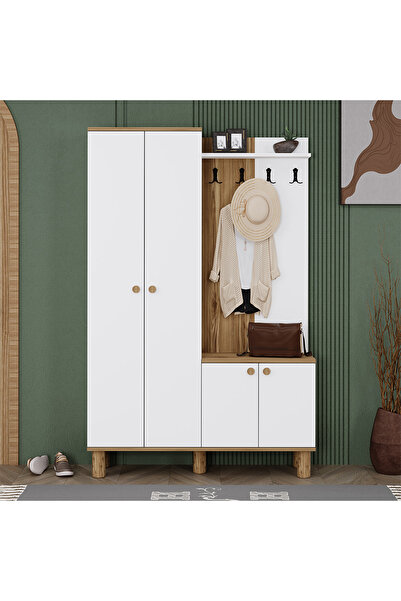 Kalender Dekor Duru Bohem Ayaklı Portmanto Vestiyer Ayakkabılık Çam Beyaz