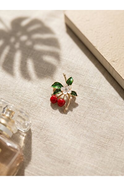 SR Jewelry Box Kiraz ve Çiçek Figürlü Zarif Broş – Kırmızı & Yeşil