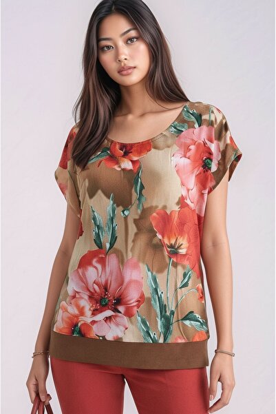 MAMAYAGA Women's Crew Neck Floral Patterned Stretchy Plus Size Wide Fit Curve...