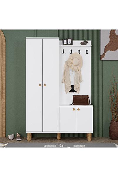 Kalender Dekor Duru Bohem Ayaklı Portmanto Vestiyer Ayakkabılık Beyaz